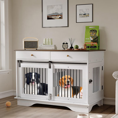 Wooden Dog Crate End Table with Sliding Barn Door, Removable Divider & 2 Storage Drawers, Decorative Dog Kennel Furniture