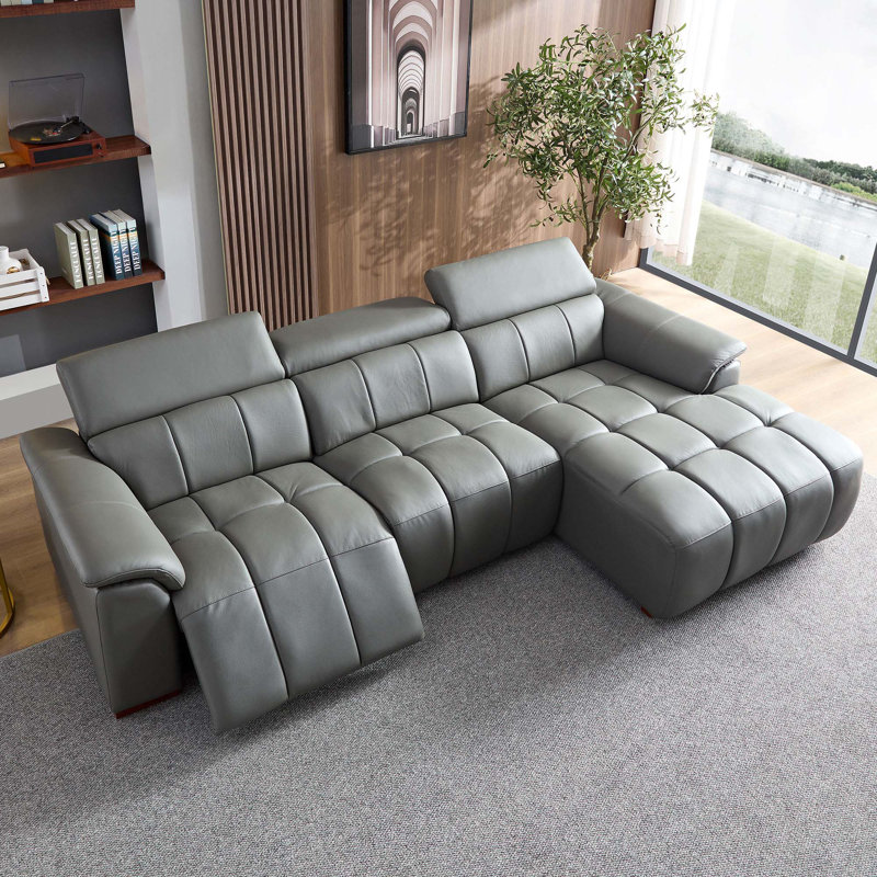 113.38" Genuine Leather Power Reclining Sectional With USB Port, Dark Gray Genuine Leather, Right Hand Facing