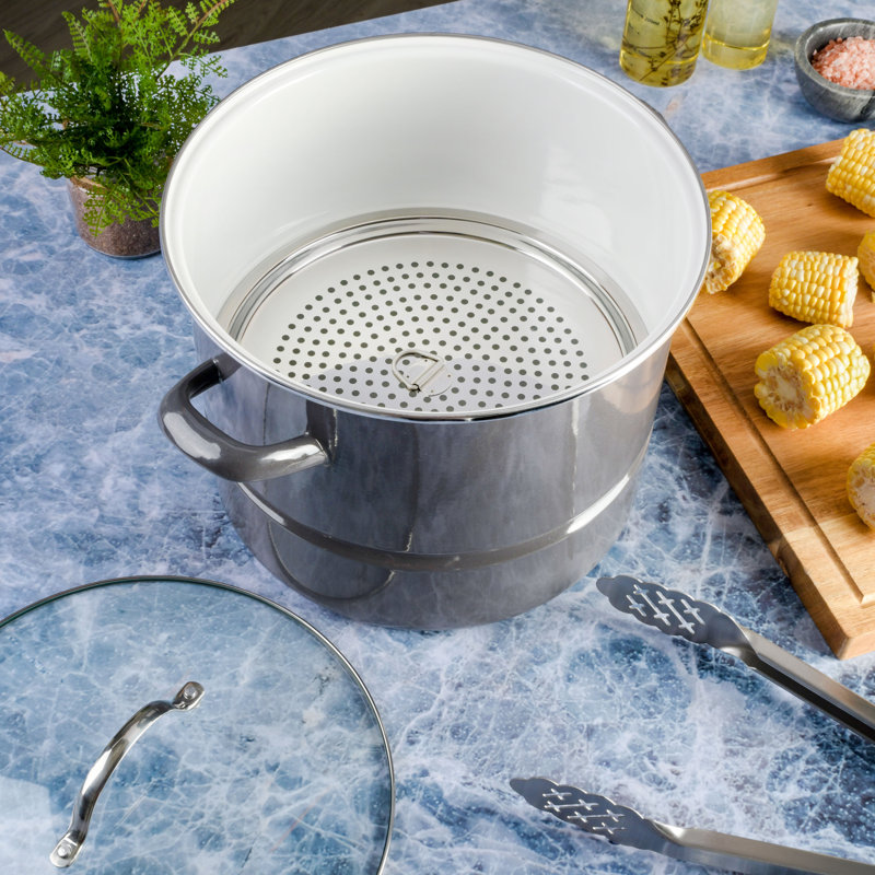 Graphite Grey 16-Quart Enamel Steel Stock Pot with Steamer