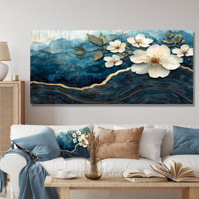 Fleur de pommier dans une rivière à encre dorée et bleue I - art mural Apple Blossom