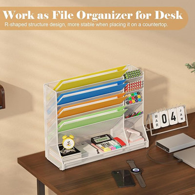 Adjustable 5 Tiers Wall File Organizer Metal Hanging Holder White | 5 tiers desk paper organizer, folder holder wall mount, mail organizer for home office, hanging document tray