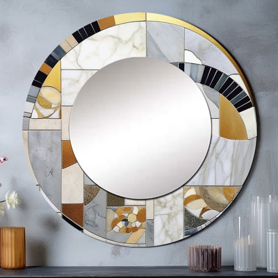 Grand miroir mural gris et jaune mosaïque IV - formes abstraites, miroir décoratif rond gris, impression sur métal