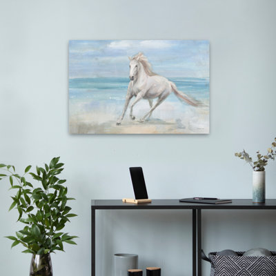Galop sur la plage, animaux côtiers, bleu, gris, plage