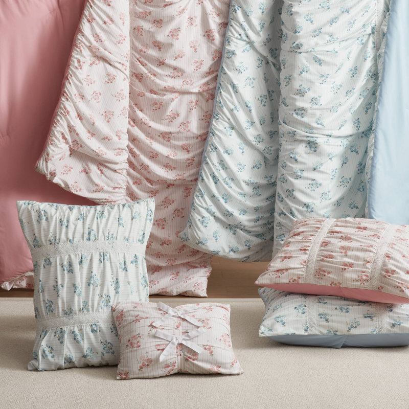 Pink Printed Comforter Set with Lace Ruching – Twin/Twin XL, 3-Piece