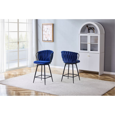 Ensemble de 2 tabourets de bar en velours tressé moderne avec structure en métal, tabouret de comptoir rembourré avec dossier en corde tissée pour îlot de cuisine, bar ou salle à manger - bleu
