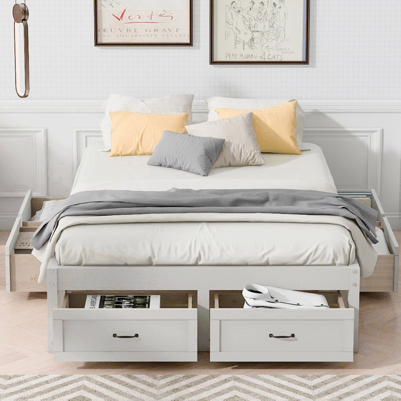 Lit plateforme double avec 6 tiroirs de rangement, Blanc, Double