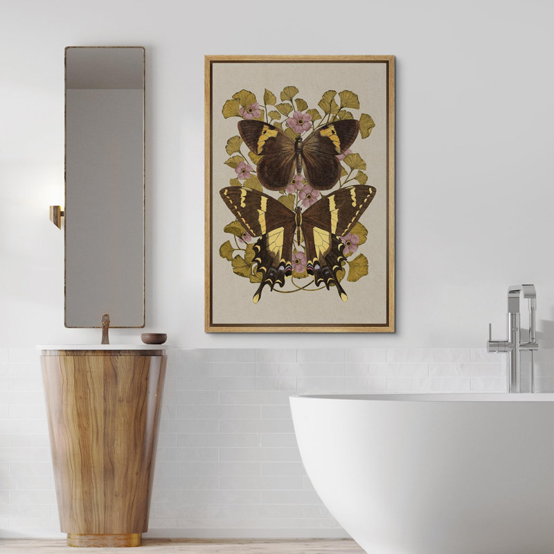 Animaux, papillon brun et feuilles de ginko, illustrations sur, H 36 po x l 24 po, Cadre flottant naturel