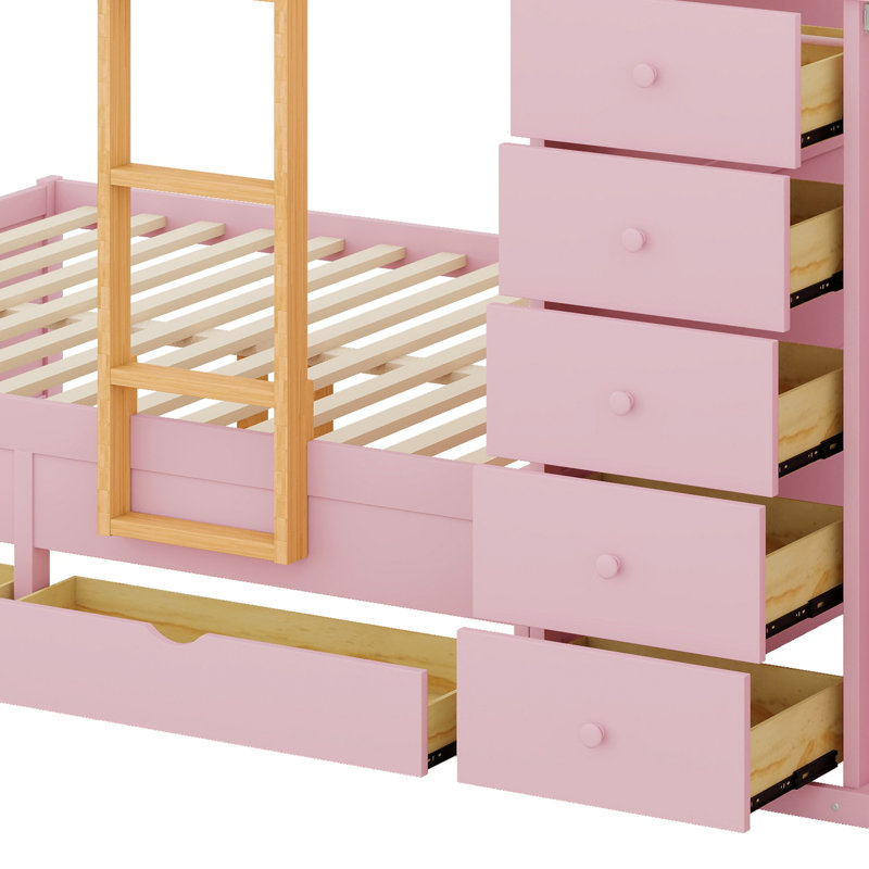Lit superposé avec 2 grands et 5 petits tiroirs, avec garde-robe, Rose Sakura