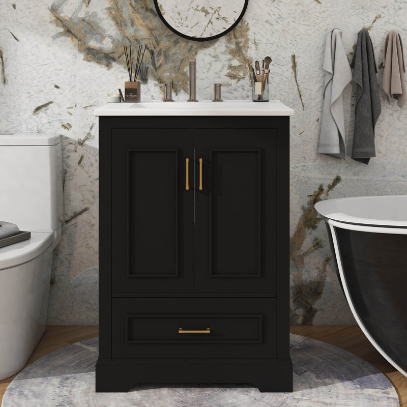Meuble-lavabo contemporain 24 po avec 2 portes et 1 tiroir en céramique, Noir