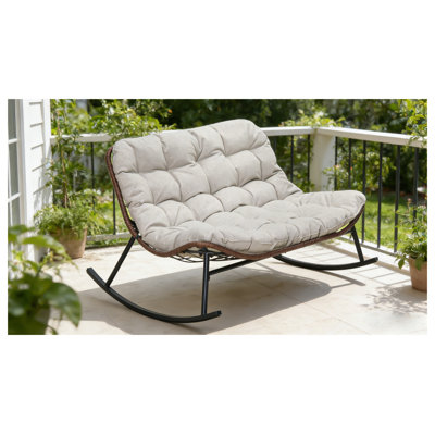 Double Wide Rocking Papasan Chair - 2-Person Outdoor Patio Seating with Weather Resistant Steel Frame and Beige Cushions