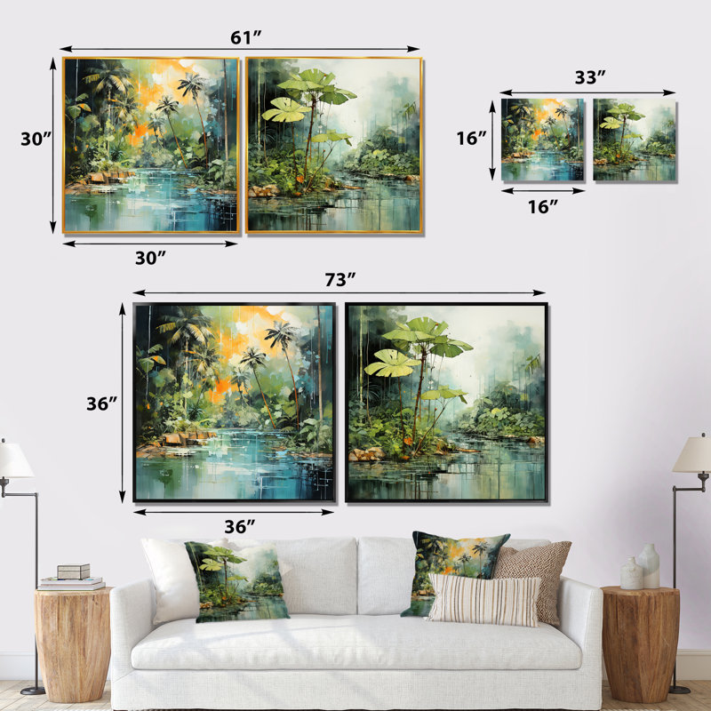 «Tropical Jungle River I», ensemble d'art mural sur toile bord de mer tropical, Cadre flottant noir