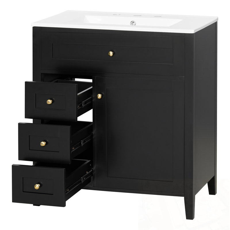 Meuble-lavabo avec lavabo, 3 tiroirs et tablette réglable, Noir