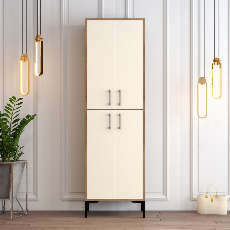 Modern Shoe Cabinet with Metal Legs, Walnut & Cream, 23.6 x 78.7 x 13.8 inches | 100% Melamine Coated Particle Board, Numerous Shelves, Wall-Mountable, Stylish & Functional Design for Entryway & Hallway
