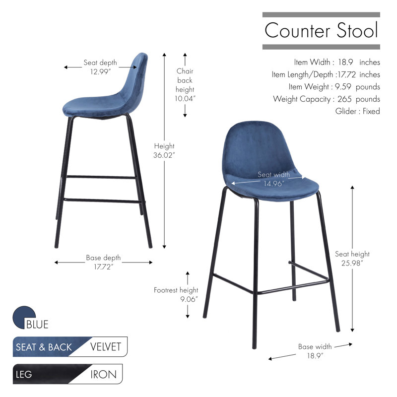 Lazio Velvet Bar Stool with Iron Legs, Blue, Counter Stool ( 25.98'' Seat Height )