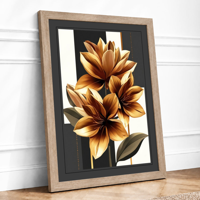 Golden Lotus Blooms Botanical - Framed Print, Oak, A3 - 42.0 x 29.7 cm