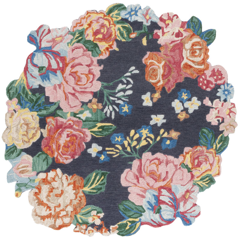 Jardin 6' Round Navy and Pink Wool Floral Rug