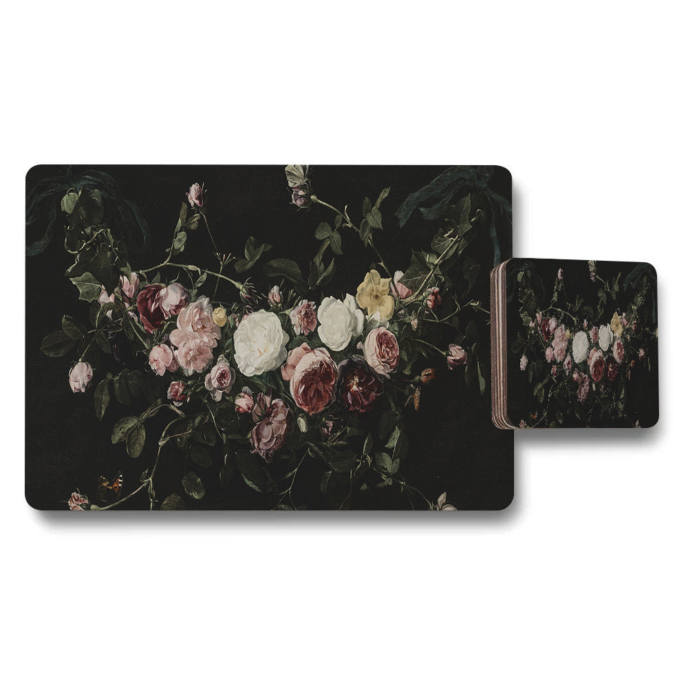 Floral Bouquet on Dark Background Placemat and Coaster Set