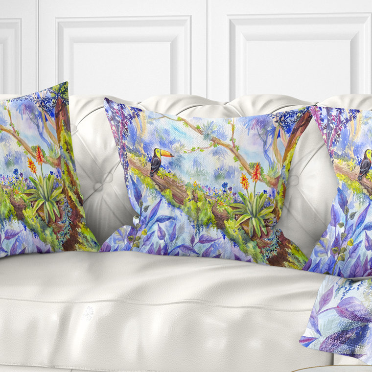 Coussin Jungle with Bird Toucan on Tree, 16 po x 1 po, Carré