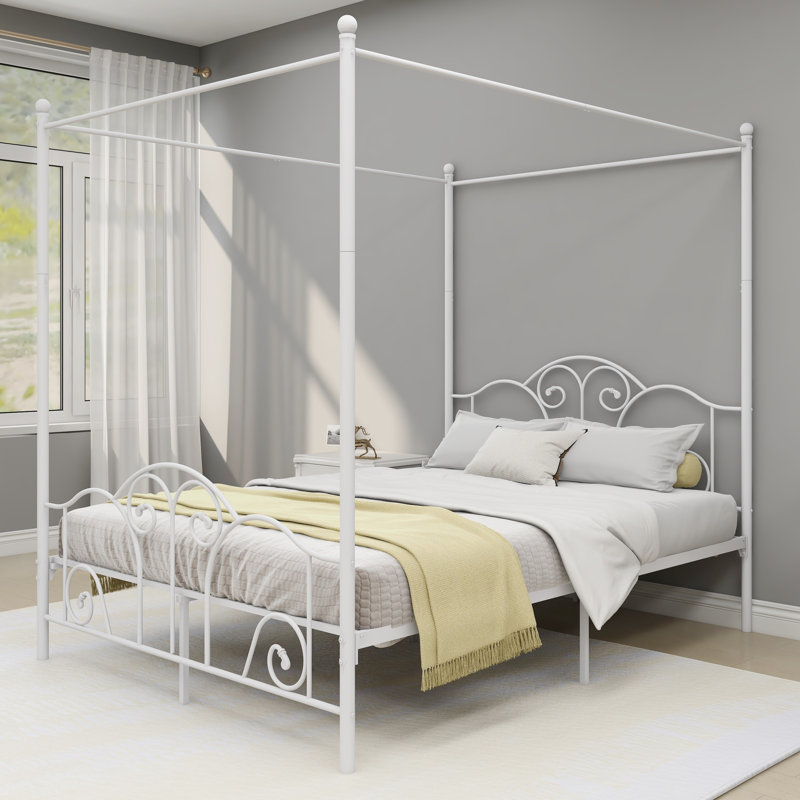 Canopy Metal Bed Frame, White, Queen
