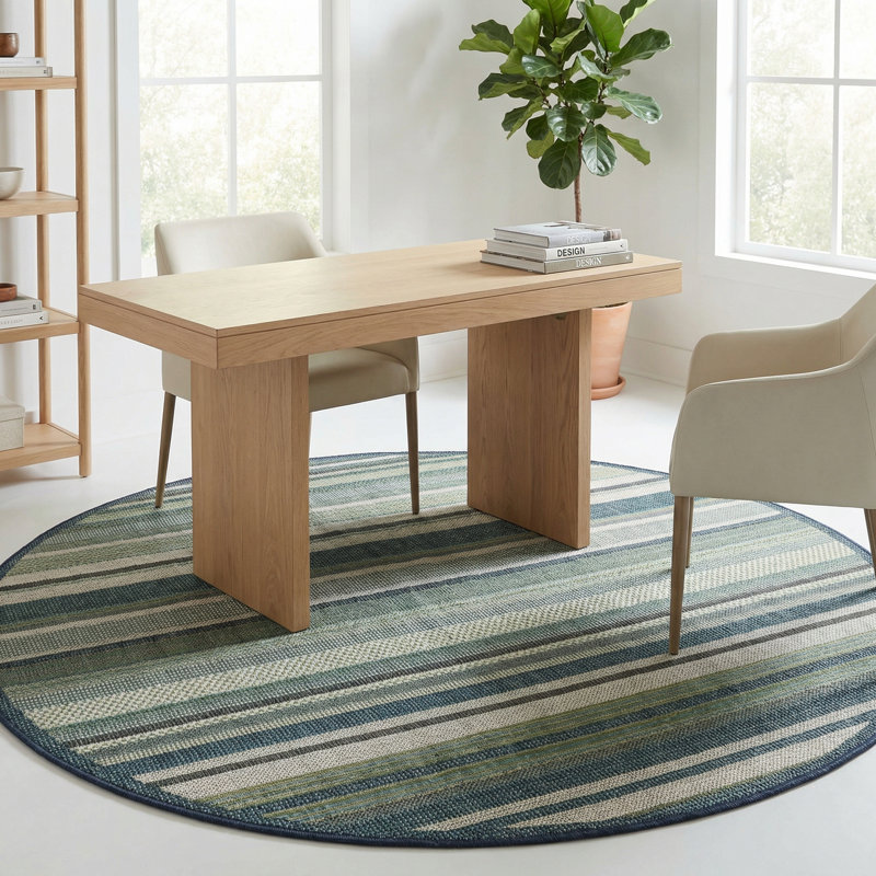 Tapis rayé vert / bleu intérieur / extérieur Tavon, Rond 5 pi 3 po