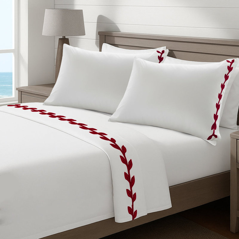 Layered Leaf Applique Cotton Sheet Set, California King Fitted Sheet, Burgundy/White