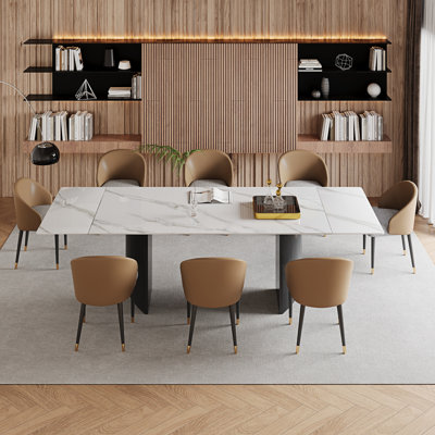 Ensemble de table de salle à manger 9 pièces avec table de salle à manger extensible en pierre frittée de 63 à 94,5 po avec 8 chaises rembourrées en cuir Fuax
