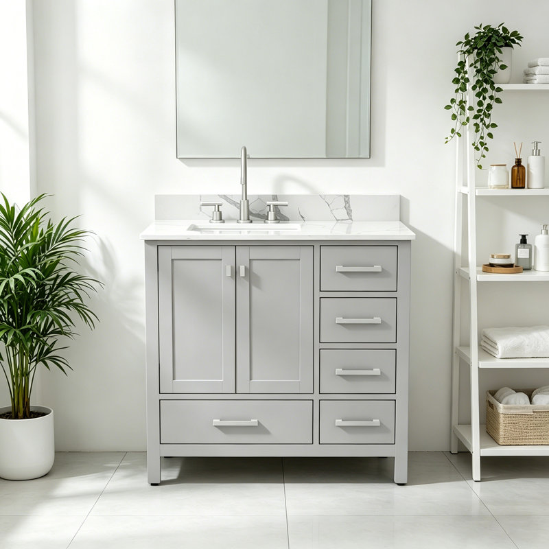 Ensemble de meuble-lavabo en bois massif 36 po avec comptoir en quartz et dosseret, Grey, Brushed Nickel