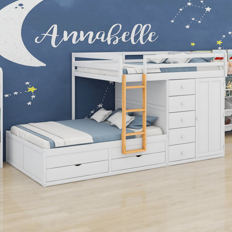 Bunk Bed With 2 Large Drawers 5 Small Drawers And Built-In Small Wardrobe, White
