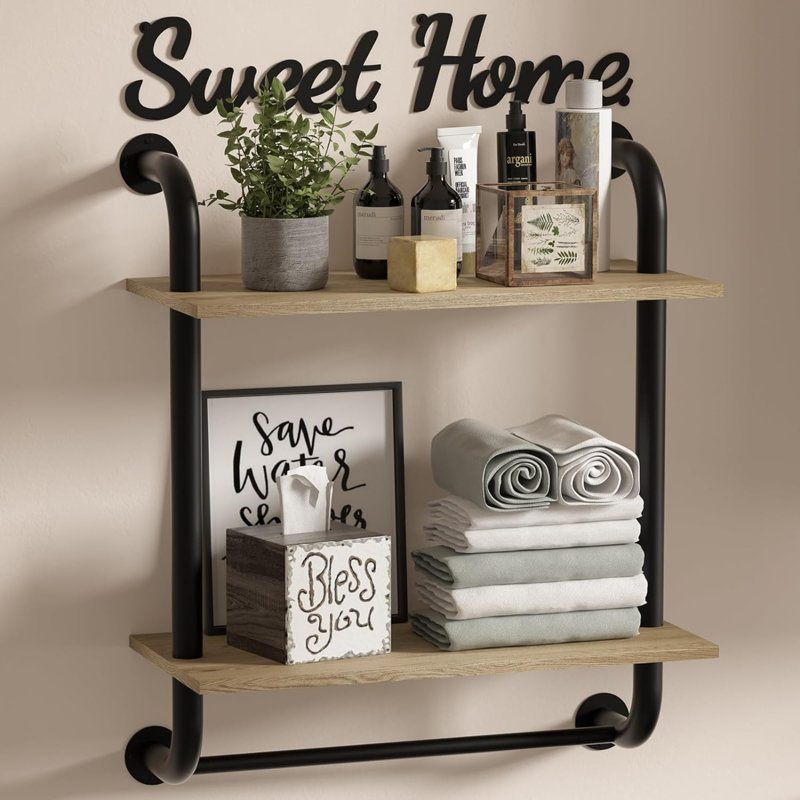 Bathroom Shelves Wall Mounted, Rustic Farmhouse Pipe Shelves, 2-Tier, Industrial Shelving, Floating Shelf Decor For Bathroom, Kitchen, Bedroom, Living Room 17.3 Inch