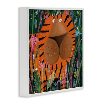 Children's Striped Tiger in Tropical Jungle Brush White Framed Giclee Texturized Art by Carla Daly