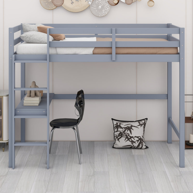 High Wood Loft Bed, With Safety Guardrail, Built-In Desk, Ladder, Gray