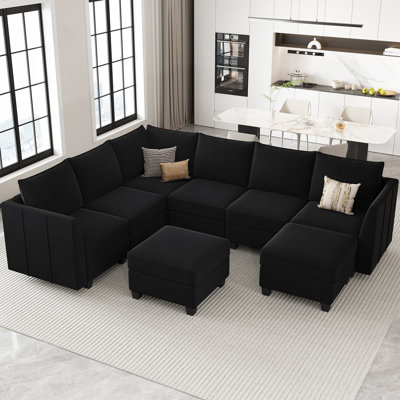 Allinson 9-Piece U Shaped Velvet Freely Combined Modular Sofa L-Shaped Solid Wood Sectional Storage Couch Livingroom Sofa with Ottoman