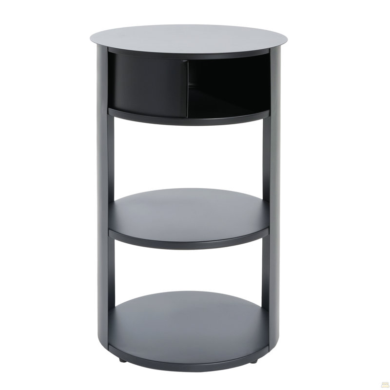 Indoor 3-Tier Metal Round Side Table With Sliding Door Cabinet, Matte Black