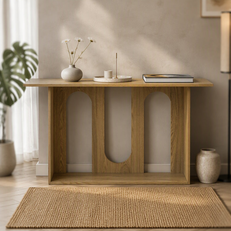 Console moderne et courbée en placage de frêne avec tablette, convenant à l'entrée, au couloir, au vestibule, au couloir