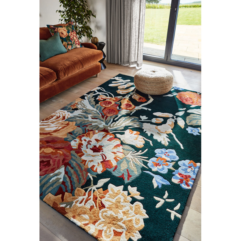 Stapleton Wool Floral Area Rug in Navy/Burnt Orange, Rectangle 6'7'' x 9'2''