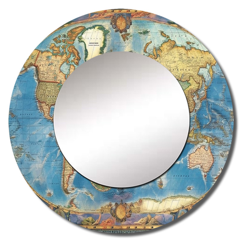 Samyla Vintage World Map II - miroir mural carte du monde, miroir décoratif rond moderne, impression d'art en métal