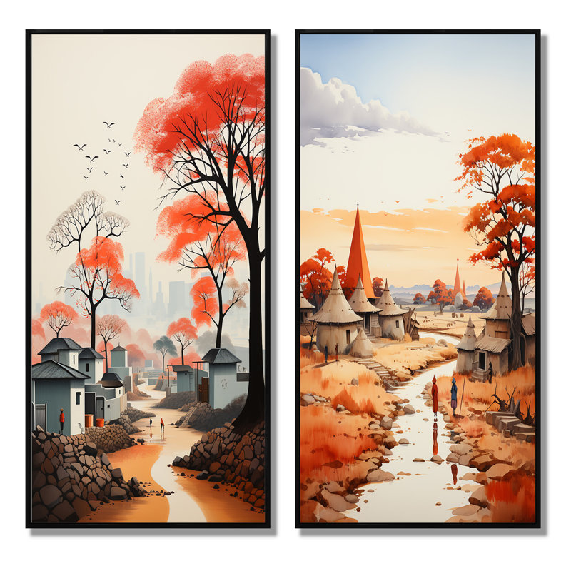 «Peach Gray African Village Visions», 2 pièces, H 32 po x l 32 po, Cadre noir