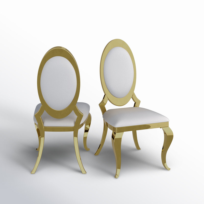 Amity Upholstered King Louis Back Side Chair with Stainless Steel Frame, Gold, Navy Blue