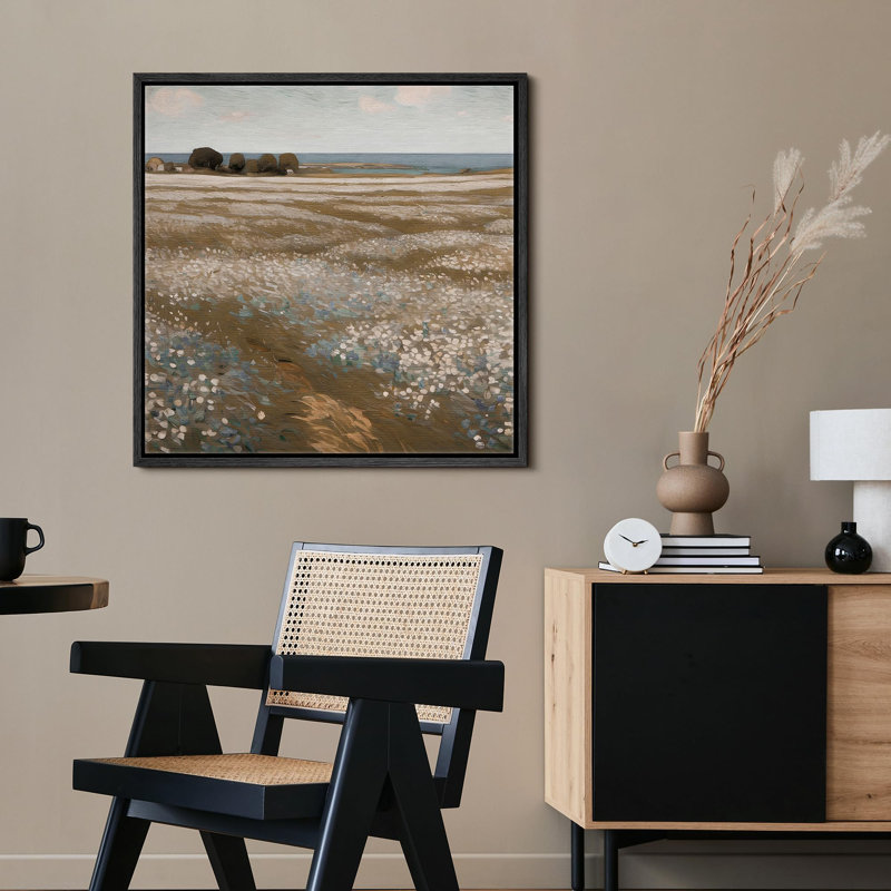 "Paysage côtier rétro avec des balles de foin, illustrations de nature rustique dans la campagne française", Noir