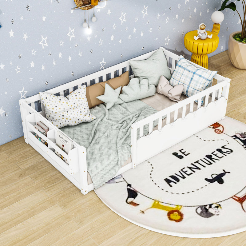Wood Montessori Floor Bed With Light And Guardrails, Twin, White