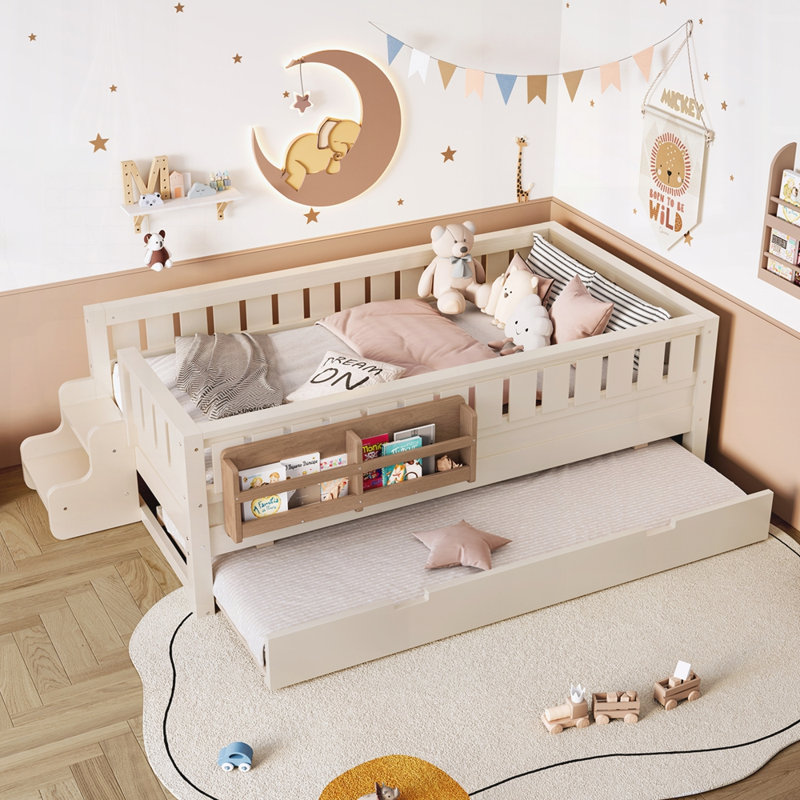 Lit plateforme moderne avec étagères intégrées et petit escalier, Beige, Lit simple
