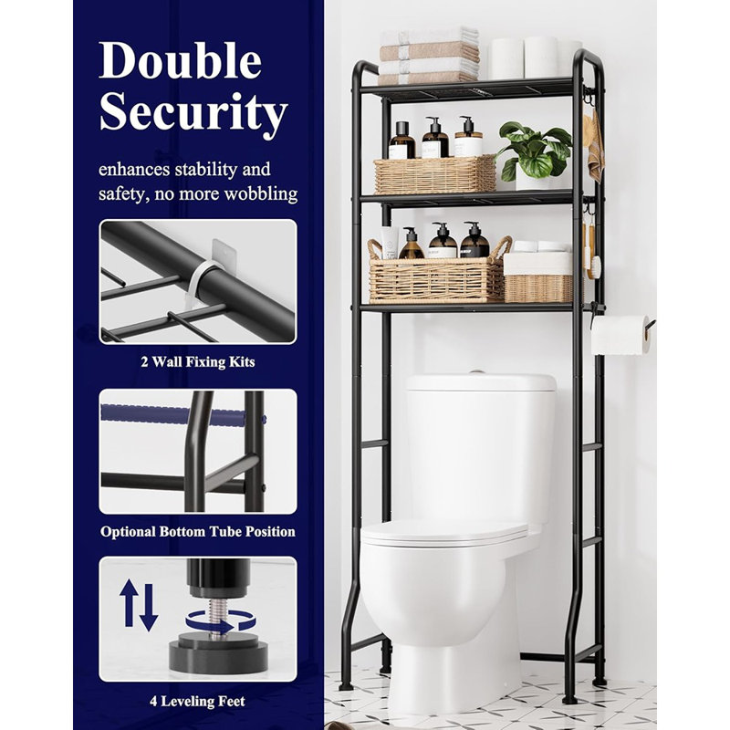 Support de rangement au-dessus de la toilette - Organisateur de salle de bain en métal noir, armoire à 3 niveaux avec porte-papier et crochets