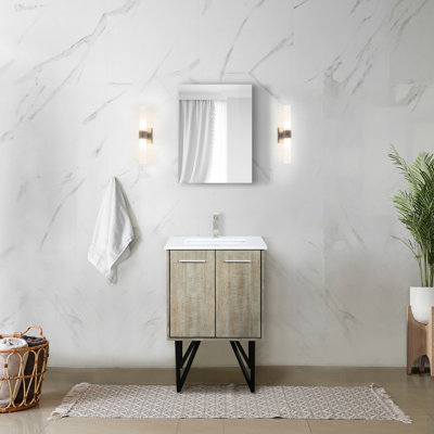 Meuble-lavabo rustique 61 cm x 51 cm, surface en marbre reconstitué, robinet en nickel brossé, miroir de 46 cm - Meuble-lavabo durable et fonctionnel, plateau résistant aux égratignures