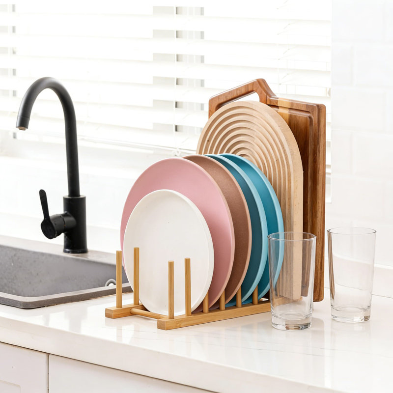 Bamboo Dish Drying Rack And Storage Organizer - Adjustable Multi-Slot Holder For Plates, Bowls, Cutting Boards, Lids, And Cups