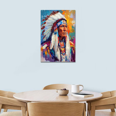 Adric Chief Feather Headdress Painting Prints Western Decor for Living Room Bedroom Southwestern Indian Wall Artwork Poster Framed Ready to Hang, 12×16 Inches