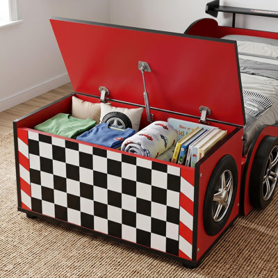 Coffre de rangement extra large pour voitures de course avec couvercle à charnière, boîte à jouets en bois, organisateur pour chambre d'enfant ou salle de jeux, rouge