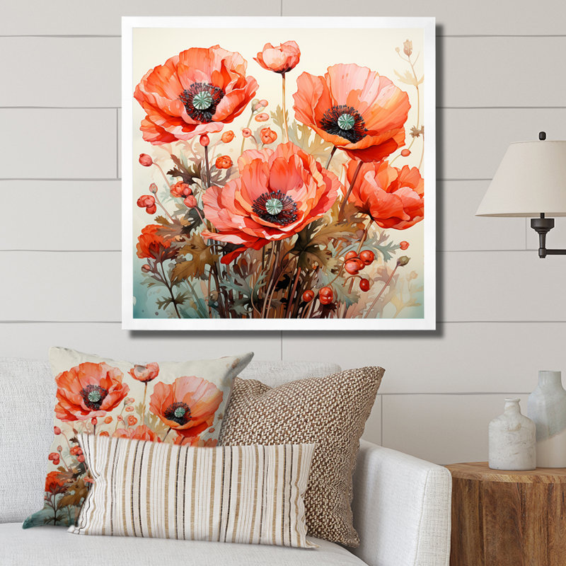 Red Serene Poppy Meadows I - Art mural coquelicot, H 16 po x l 16 po x P 1 po, Toile tendue
