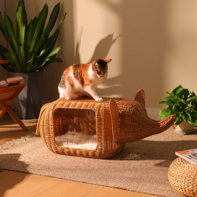 Handwoven Wicker Cat House With Plush Cushion For Indoor Cats