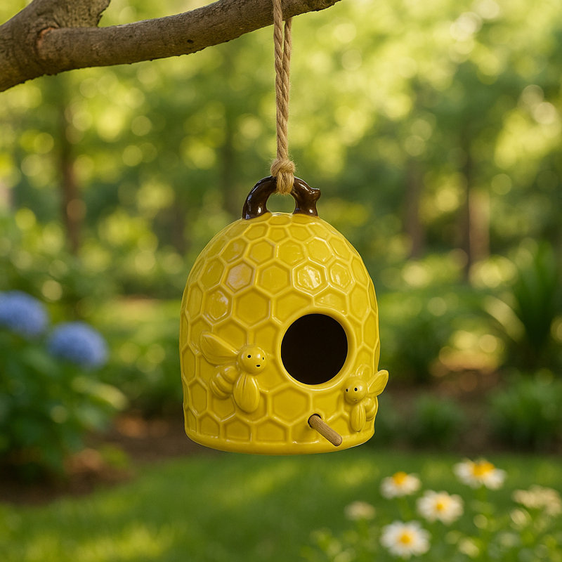 Yellow Stoneware Honeycomb Bird Feeder