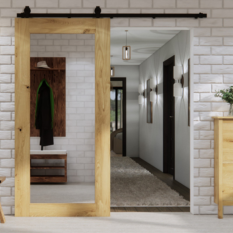 Wyalusing Oak Wood Sliding Barn Door Mirror, Natural Oil, 100cm W x 210cm H